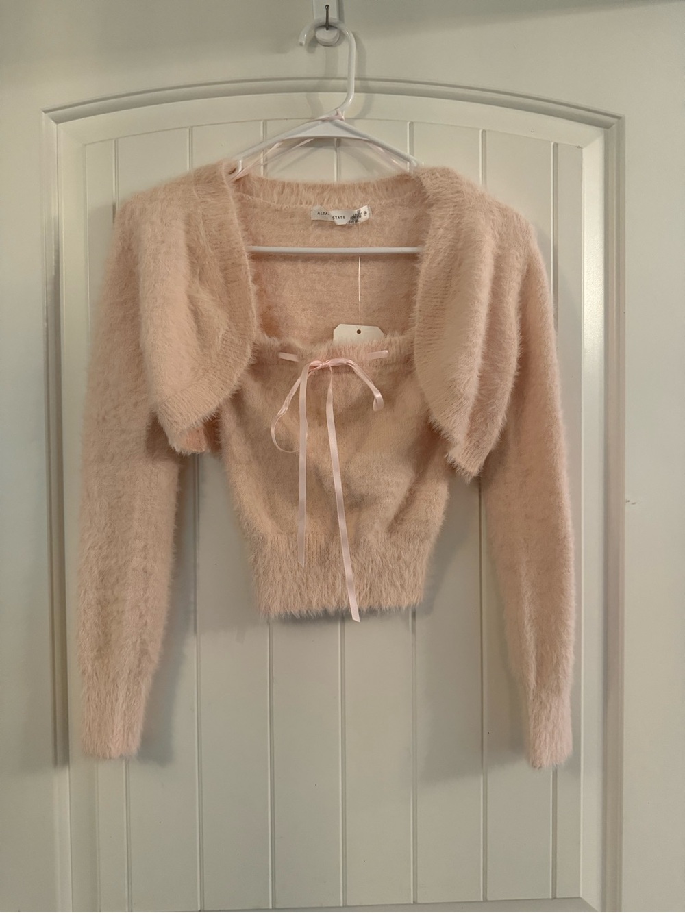 Altar'd State Blush Fuzzy Tie-Front Crop Cardigan